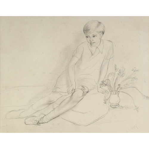 84 - †ATTRIBUTED TO AUGUSTUS EDWIN JOHN (1878-1961) PENCIL DRAWING 
Young girl reclining on a cushion bes... 