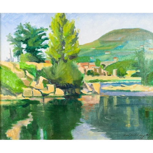 31 - H. W. CRITCHLEY 
OIL PAINTING ON CANVAS
A plein-air Continental river landscape with a church spire,... 