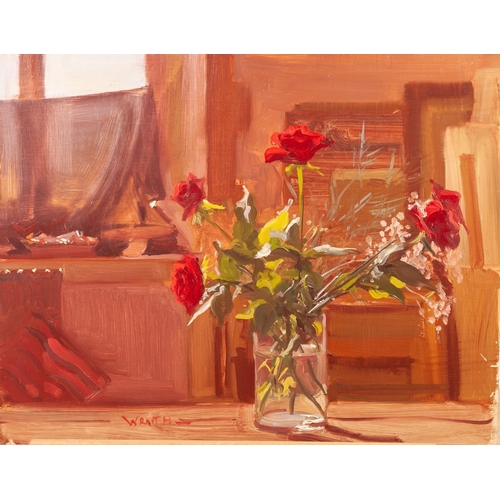 189 - †ROBERT WRAITH (b. 1952) 
OIL PAINTING ON PANEL
Still life - glass vase of red roses
Signed bottom l... 