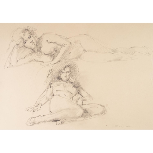 190 - ROBERT WRAITH (b.1952)
PENCIL SKETCH ON GREY PAPER
Studies of two reclining female nudes
Signed lowe... 