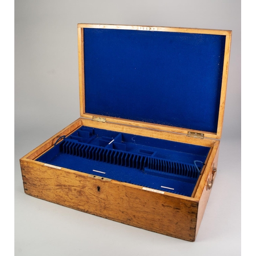 747 - AN OAK CANTEEN LINED WITH ROYAL BLUE VELOUR with a removable tray, inset with bone tablets inscribed... 