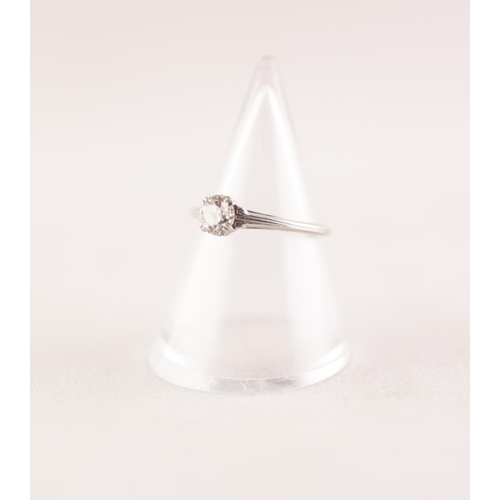 366 - PLATINUM SOLITAIRE DIAMOND RING. An old cut diamond in a double claw setting, to scroll shoulders, e... 