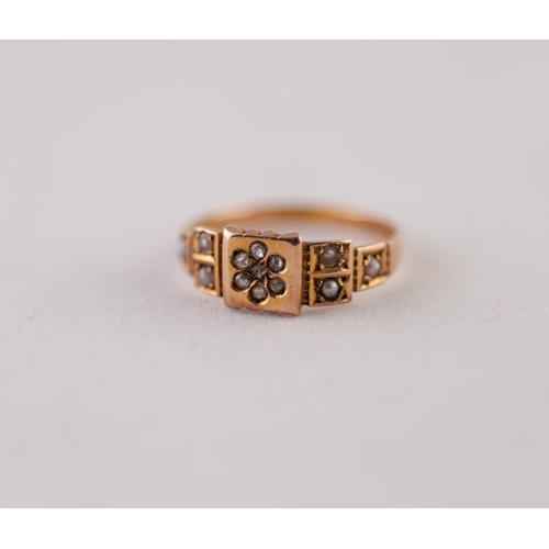 264N - VICTORIAN 15ct GOLD DIAMOND AND SEED PEARL RING. A cluster of single-cut diamonds, to seed pearl set... 