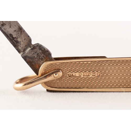 260 - PENKNIFE WITH ENGINE TURNED 9ct GOLD HANDLE  AND HANGER, with two steel blades, 3