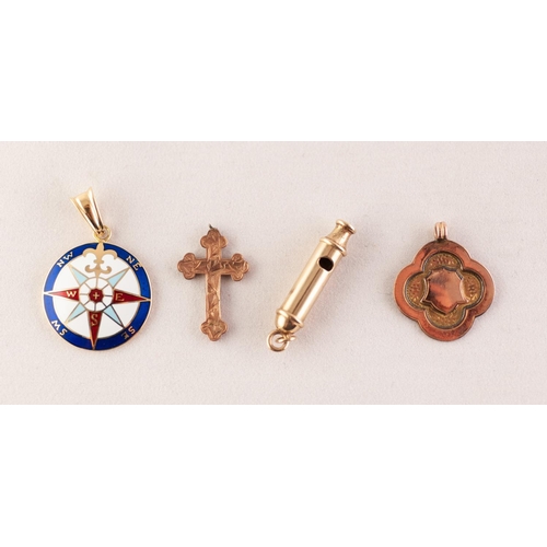 265R - ENAMELLED COMPASS PENDANT, stamped '750', A WHISTLE PENDANT, A 9ct GOLD CROSS PENDANT AND A 9ct GOLD... 