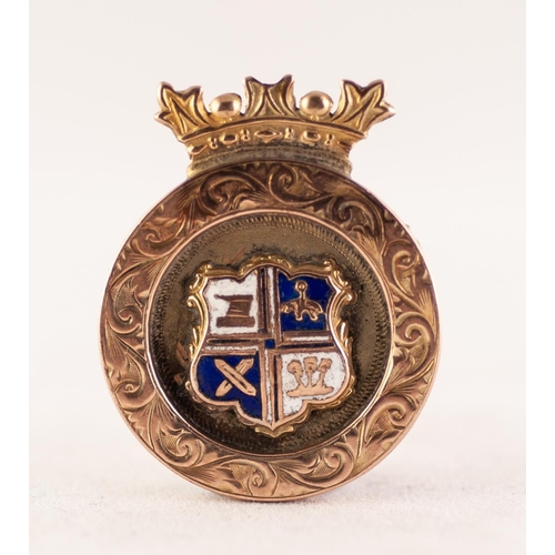 264B - 9ct GOLD ENAMELLED MEDALLION BROOCH, depicting the town crest of Bury, 11.50g