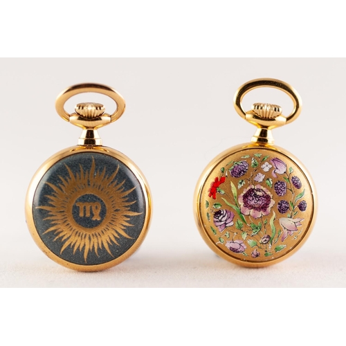 95 - TWO HALCYON DAYS GOLD PLATED FOB WATCHES with white roman dials, enamelled backs, quality movements