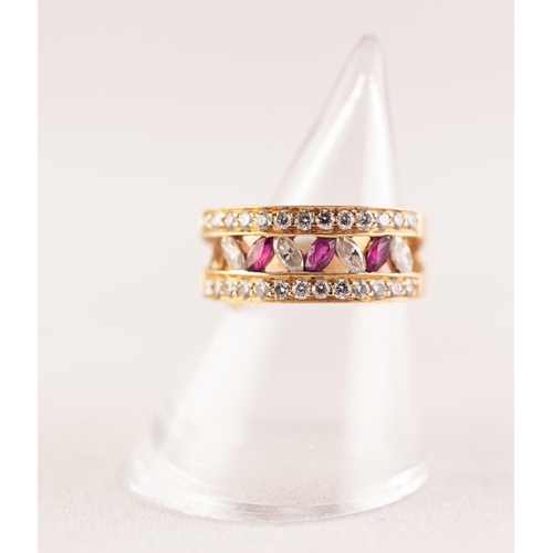 277 - 18ct GOLD, RUBY AND DIAMOND HALF HOOP RING, the top of the ring split into two strands each strand s... 