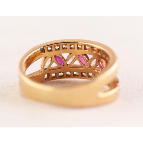 277 - 18ct GOLD, RUBY AND DIAMOND HALF HOOP RING, the top of the ring split into two strands each strand s... 