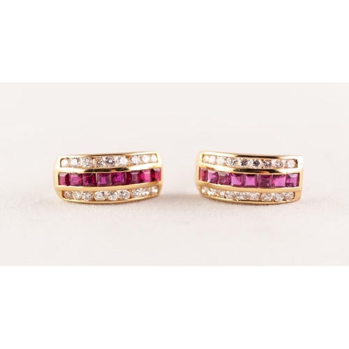 278 - PAIR OF 18ct GOLD, RUBY AND DIAMOND HALF HOOP PATTERN EARRINGS for pierced ears, each set with a cen... 