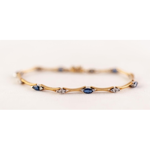 289 - 18 ct GOLD SAPPHIRE AND DIAMOND BRACELET with eleven figure of light pierced bar links and set with ... 