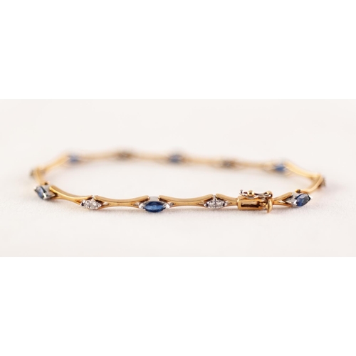 289 - 18 ct GOLD SAPPHIRE AND DIAMOND BRACELET with eleven figure of light pierced bar links and set with ... 