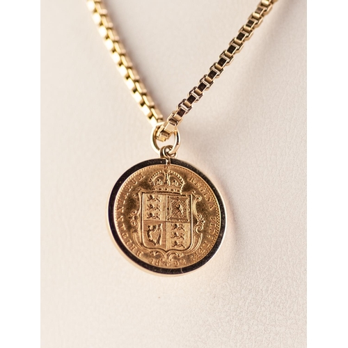 290 - QUEEN VICTORIA GOLD HALF SOVEREIGN 1892, loose framed in a 9ct gold mount as a pendant on a 9ct gold... 