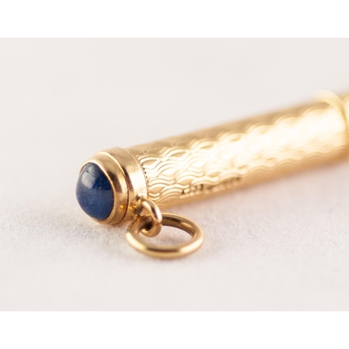 300 - 18ct GOLD TOOTHPICK, with engine turned case, the pick extending by twisting the base, with ring han... 