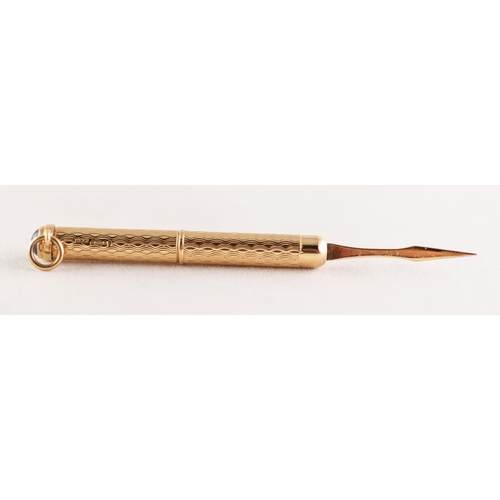 300 - 18ct GOLD TOOTHPICK, with engine turned case, the pick extending by twisting the base, with ring han... 