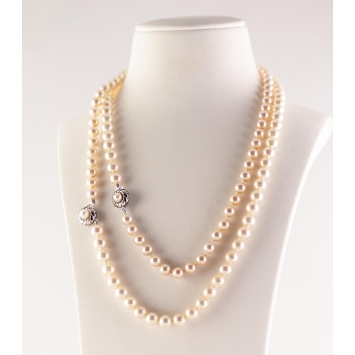 302 - TWO SINGLE STRAND NECKLACES OF UNIFORM IMITATIONS PEARLS, with matching silver clasps, 40