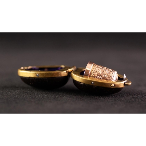 257 - POST WAR 9ct GOLD THIMBLE size 8, Birmingham 1967, 5 gms in an EGG SHAPED BLACK LEATHER AND GILT MET... 