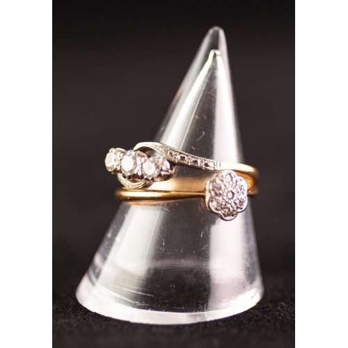 328 - AN 18ct YELLOW GOLD THREE STONE DIAMOND SET RING, also an 18ct yellow gold tiny diamond set floret R... 