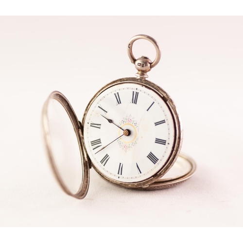 54 - LADY'S VICTORIAN SILVER OPEN FACED POCKET WATCH with keywind movement, white Roman dial, engraved an... 