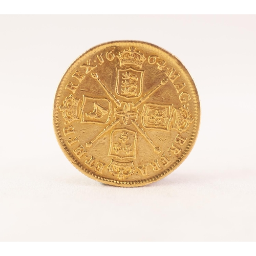 147 - CHARLES II GOLD TWO GUINEA COIN, 16.5gms 1664, with elephant below (F)