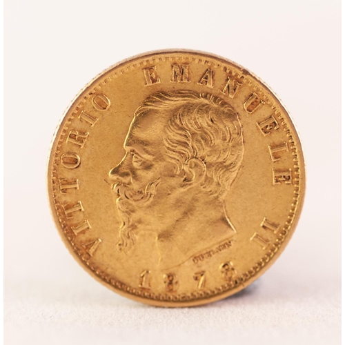 164 - EMANUELE II ITALIAN 20 LIRE GOLD COIN 1878, 6.4gms (VF)