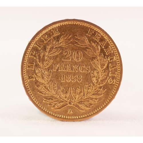 178 - NAPOLEON III FRENCH 20 FRANC GOLD COIN, 1858 (F), 6.4gms