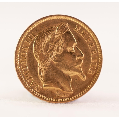 179 - NAPOLEON III FRENCH 20 FRANC GOLD COIN, 1862, (EF), 6.4gms