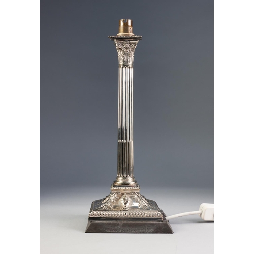 754 - ADAMS STYLE ELECTROPLATED COLUMN CANDLESTICK, converted to a table lamp, of part fluted form with pe... 