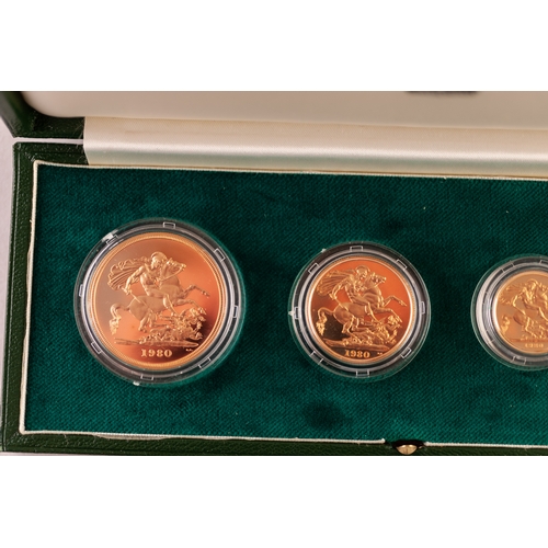 208 - ROYAL MINT UK 1980 GOLD PROOF SET OF FOUR COINS, viz £5, £2, sovereing and half-sovereign, in 22ct g... 