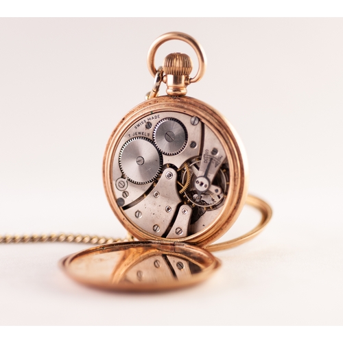 6 - ROLLED GOLD OPEN FACED POCKET WATCH WITH KEYLESS SWISS 7 JEWEL MOVEMENT, white Arabic dial with subs... 