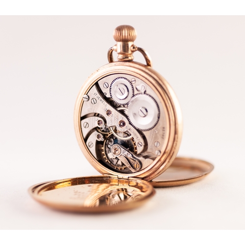 24 - ROLLED GOLD FULL HUNTER POCKET WATCH with 17 jewels keyless movement, white Roman dial with subsidia... 