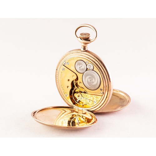 61 - ELGIN, USA, ROLLED GOLD FULL HUNTER POCKET WATCH with keyless movement, white Arabic dial with subsi... 