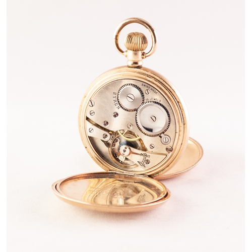 68 - SYREN ROLLED GOLD FULL HUNTER POCKET WATCH with Swiss 15 jewels keyless movement, white Roman dial w... 