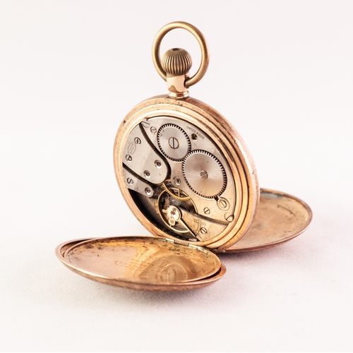 70 - LIMIT ROLLED GOLD SWISS FULL HUNTER POCKET WATCH with Swiss movement, white Roman dial with subsidia... 