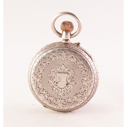 77 - LADY'S VICTORIAN SILVER OPEN FACED POCKET WATCH  with keyless movement, white Roman dial, engine  tu... 