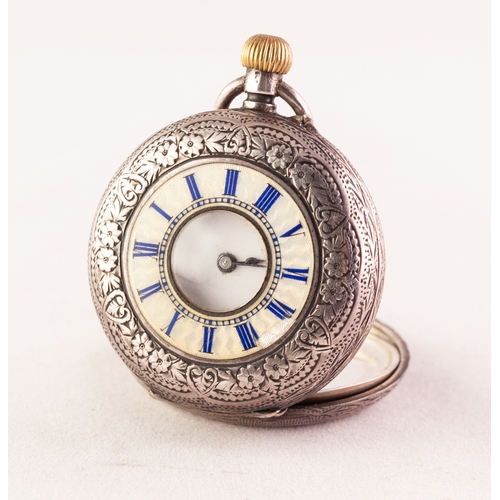 78 - LADY'S LATE 19th CENTURY SWISS SILVER DEMI HUNTER POCKET WATCH with keyless movement, the case with ... 