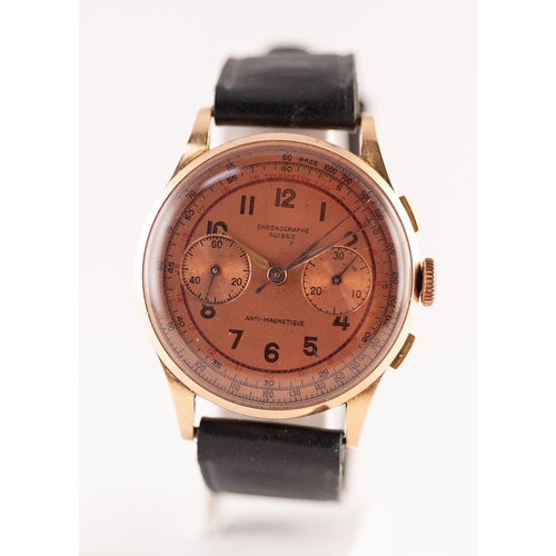 104 - GENTS CHRONOGRAPHE SWISSE 18ct GOLD VINTAGE WRIST WATCH with anti-magnetic mechanical movement, bron... 