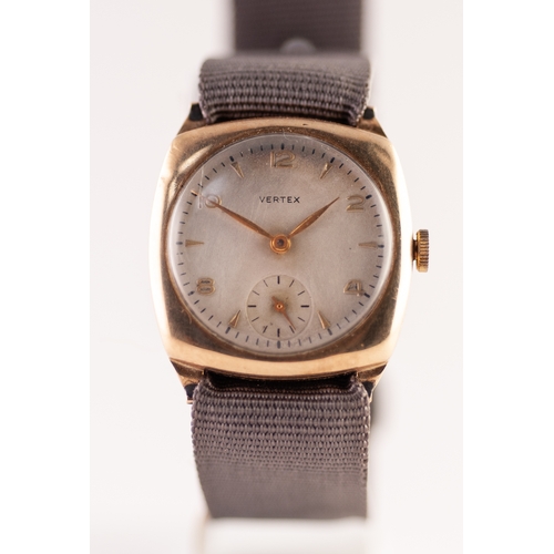 112 - GENT'S VERTEX REVUE 9ct GOLD VINTAGE WRIST WATCH, with 15 jewels movement, the circular silvered ara... 