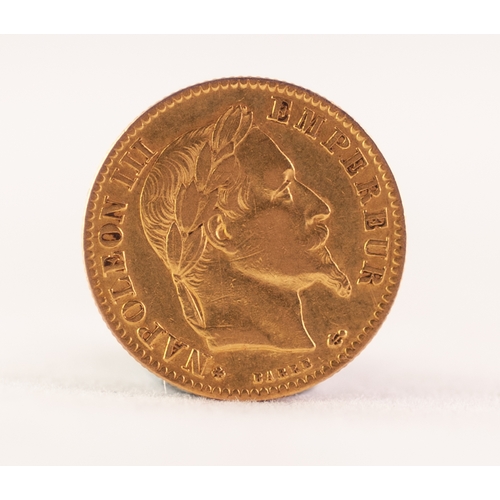 181 - NAPOLEON III FRENCH 10 FRANC GOLD COIN, 1867 (EF), 3.2gms