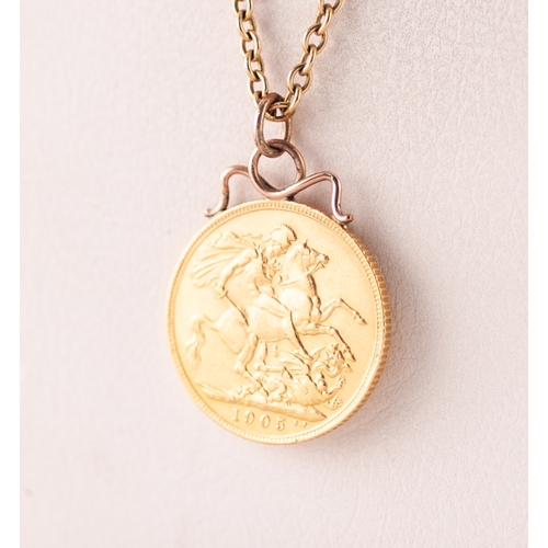 219 - EDWARD VII UK 1905 GOLD SOVEREIGN with soldered mount as a pendant on a 9ct GOLD FINE CHAIN NECKLACE... 