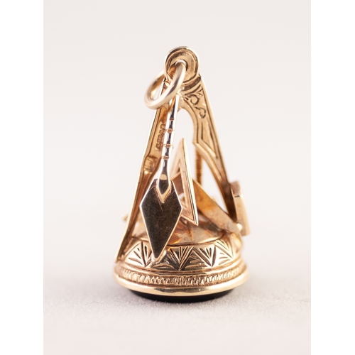 263 - VICTORIAN 9ct GOLD MASONIC FOB SEAL, the shaft modelled as Masonic working tools, the base set with ... 