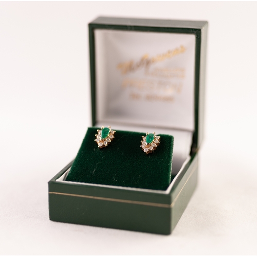 305 - A PAIR OF 14ct  (585) stamped TINY EMERALD AND DIAMOND SET EAR STUDS