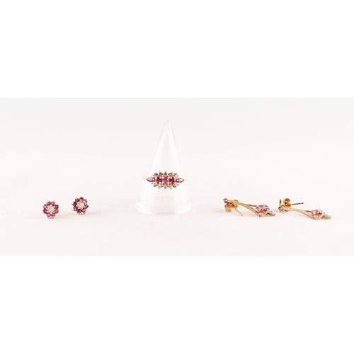 308 - A 9ct GOLD RING, set with tiny ruby coloured and white stones,  TOGETHER A PAIR OF MATCHING 9ct GOLD... 