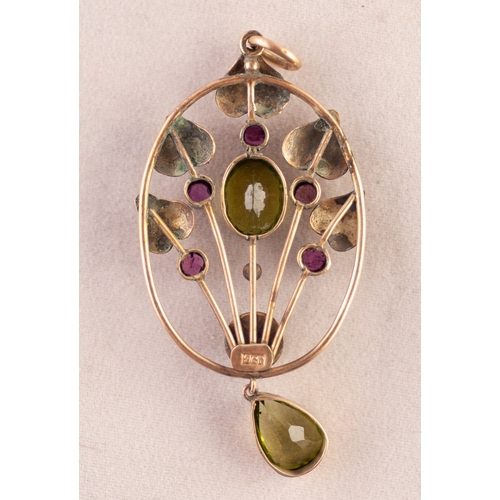 309 - EARLY  20th CENTURY 9ct GOLD ARTS & CRAFTS STYLE OVAL OPEN WORK PENDANT, the centre in the form of a... 