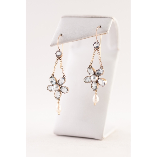 310 - PAIR OF 9ct GOLD, AQUAMARINE AND PEARL DROP EARRINGS, each with a small round aquamarine suspending ... 