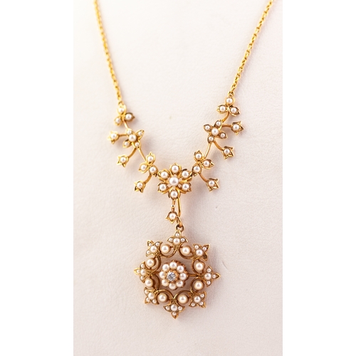 312 - EARLY 20th CENTURY 15ct GOLD, SEED AND DIAMOND NECKLACE AND DETACHABLE PENDANT/BROOCH, the fine chai... 