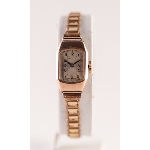 334 - LADY'S SWISS 9ct GOLD WRISTWATCH with 15 jewels movement, narrow oblong silvered Arabic cial and the... 