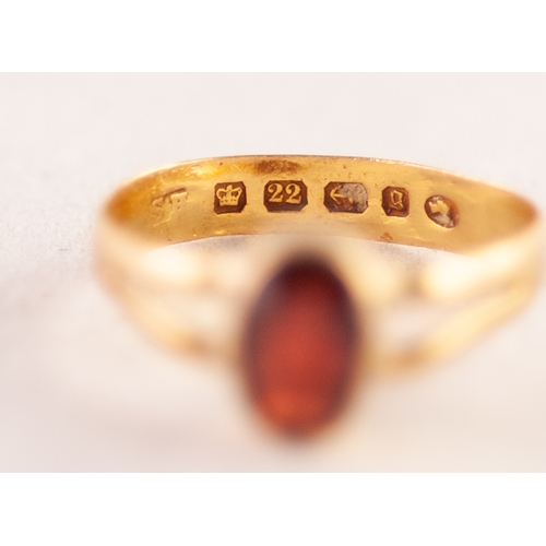 344 - VICTORIAN 22ct GOLD DRESS RING, collet set with an oval red stone, Birmingham 1881, 2.2gms, ring siz... 