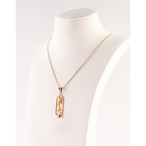 345 - 18K GOLD FINE CHAIN NECKLACE and the Egyptian GOLD COLOURED METAL PENDANT, 4.9gms in total