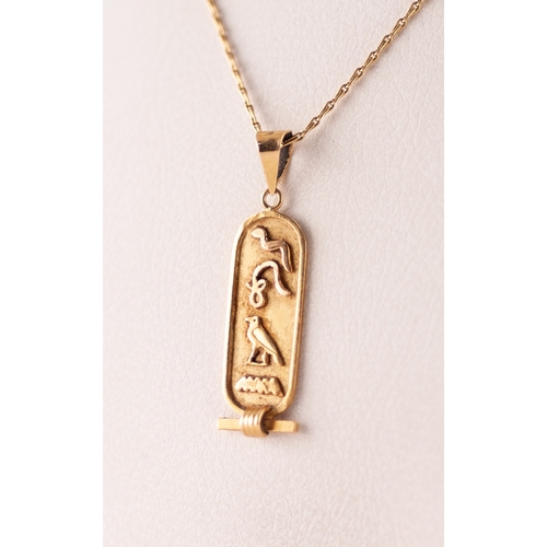 345 - 18K GOLD FINE CHAIN NECKLACE and the Egyptian GOLD COLOURED METAL PENDANT, 4.9gms in total